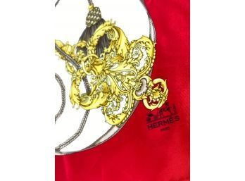 Hermes Silk Red, White And Gold Scarf