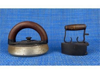 Two Small Heavy Antique Small Irons With Wooden Handles - Enterprise Iron Manufacturing And Unmarked
