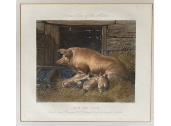 Engraving Of Painting 'Sow And Pigs' J.f. Henning Senior, Framed And Matted Engraved By J. Harris, W. Summers