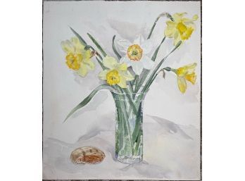 Water Color Still Life Of Daffodils In Vase With Shell By Alice Johnson