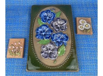 Three Earthenware, Ceramic Wall Plates With Floral Relief From Sweden
