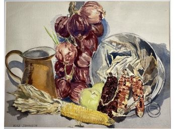 Water Color Fall Harvest With Copper Pitcher, In White Matting By Alice Johnson