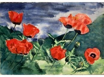 Water Color Landscape With Poppies By Alice Johnson