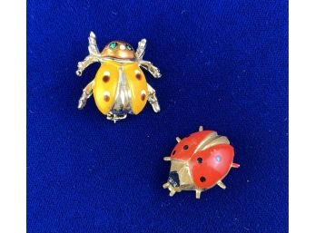 Two Vintage Metal And Enamel Lady Bug Pins - One Made In Germany