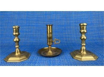 Three Antique Or Possibly Vintage Brass Candlesticks