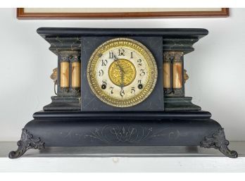 Antique American Wm. L Gilbert Blackbird Mantel Clock - Victorian