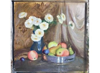 Oil Painting On Canvas, Still Life Of Vase With Flowers And Fruit