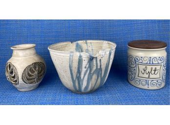 Three Ceramic Or Earthenware Vessels Two Handmade And Hand Painted One Rorstrand Sweden