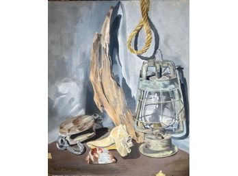Oil On Canvas, Nautical Still Life - Lantern, Shells, Rope, Pulley And Driftwood On Board