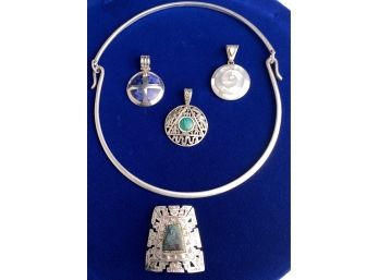 Four Sterling Silver Peruvian Pendants And One Collar Necklace