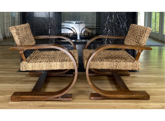 Pair Of Bent Wood And Woven Seat Arm Chairs By Uttermost