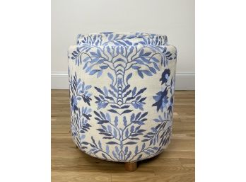 White Linen With Blue Botanical Embroidery Storage Ottoman With Tray Top Option