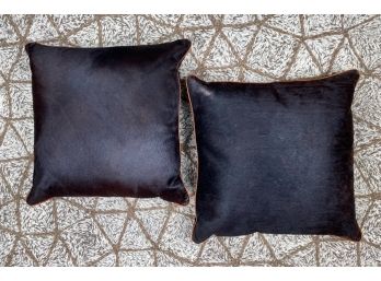 Pair Of Black Cow Hide With Brown Leather Piping Throw Pillows