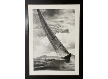 Framed Black And White Photograph Of Racing Sailboat Heeling
