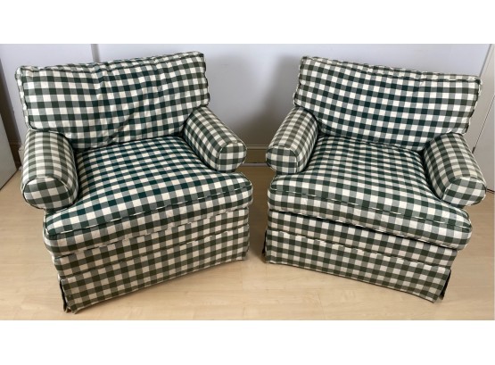 Pair Of Green And White Check  Upholstered Armchair