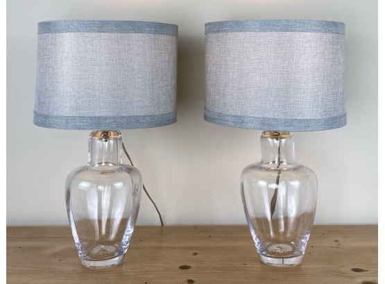 Pair Simon Pearce Handblown Glass Urn Style Table Lamps With Light Blue Drum Shades