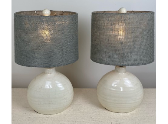 Pair Of Off White With Grey Linen Shade Table Lamps
