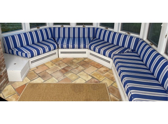 Large Sunroom Sectional With Blue And White Stripe Upholstered Cushions - Pieces Can Be Used Individually