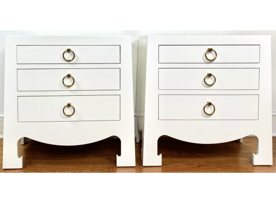 Pair Of White Lacquer With Brass Pulls Night Tables - Chelsea House