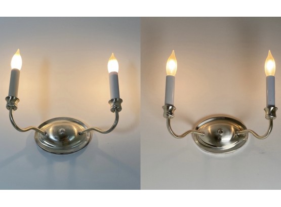 Pair Of Silver Tone Double Candelabra Sconces