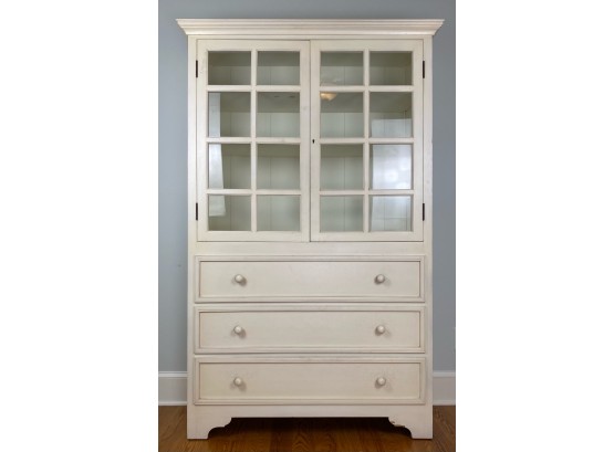 Crate And Barrel White Armoire Or Bookcase With Glass Cabinet Doors And Three Drawer Storage