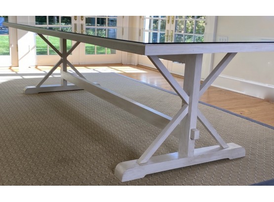 10 Foot Custom Wooden Trestle And X Base Table In White With Glass Top