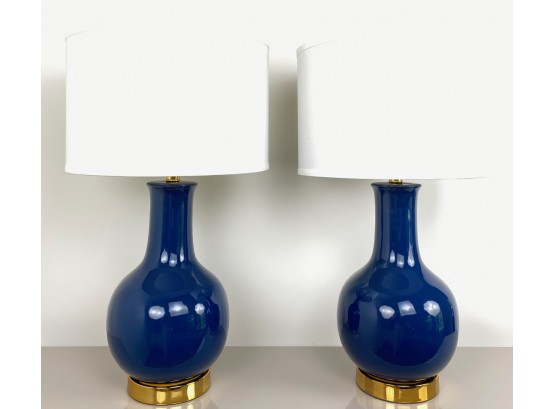 Pair Of Blue With Gold Base Ceramic Table Lamps By Safavieh