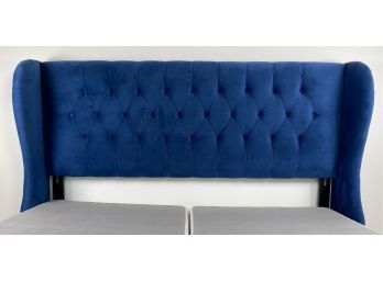 King Size Tufted Blue Cotton Velvet Upholstered Headboard With Bed Frame And Box Springs