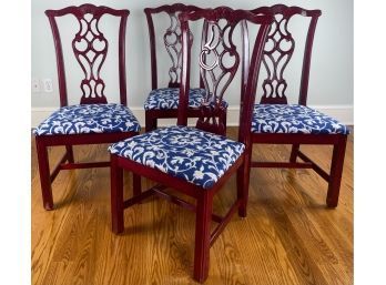 Four Red Lacquer With Blue And White Botanical Upholstered Seat Side Chairs