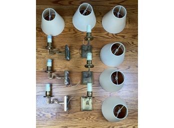 Six Visual Comfort Brass Candelabra Wall Sconces With Lamp Shades