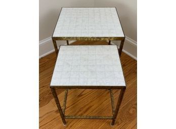 Set - 2 Nesting Tables With Brass Tone Base And Pearl Shell Inlay Top
