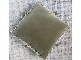 Pair Of Celadon Or Sage Grey Green Velvet Throw Pillows With Tassel Trim