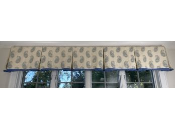 Box Pleated Valance In Blue And White Amoeba Paisley With Blue Trim