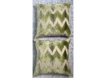 Pair Of Chartreuse Green And Tan Zig Zag Velvet With Linen Throw Pillows