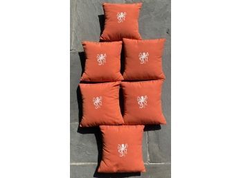 6 Orange Outdoor Pillows With White Embroidered Octopus