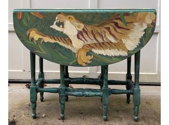 Hand Painted Gate Leg Drop Leaf Table In Green With Tiger