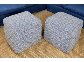 Pair Of Blue With White Detail Pouf Ottoman
