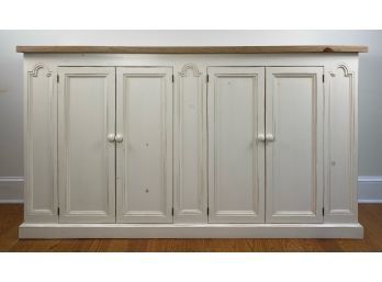 White Sideboard Cabinet In Rustic White With Natural Wood Top,