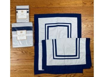 PB, Pottery Barn Teen White With Blue Trim Suite Organic Cotton Twin Duvet Cover And Four Pillow Cases