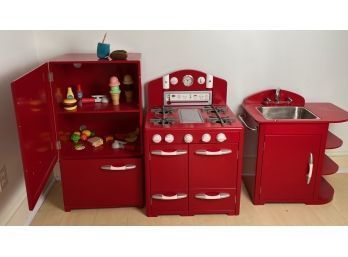 Childrens Play Kitchen In Red - Oven, Refrigerator And Stove