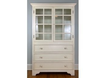 Crate And Barrel White Armoire Or Bookcase With Glass Cabinet Doors And Three Drawer Storage