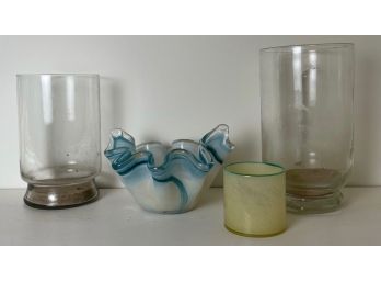 Assortment Of Glass Hurricane Vases And Italian Glass Candle