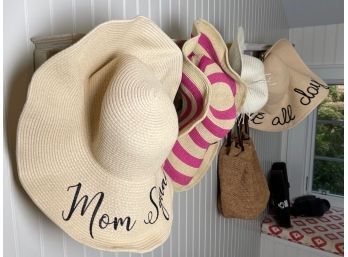 Five Beach Or Sun Hats And Woven Grass Bag