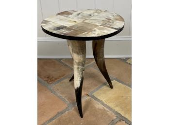 Theodore Alexander Style Three Leg Horn Base And Top Round Side Table