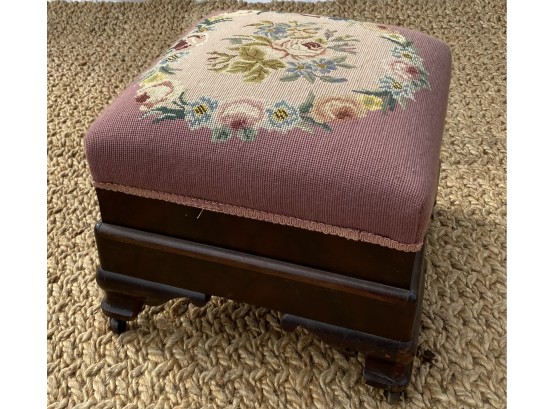 Antique Needlepoint Of Roses And Flowers On Wood Foot Stool