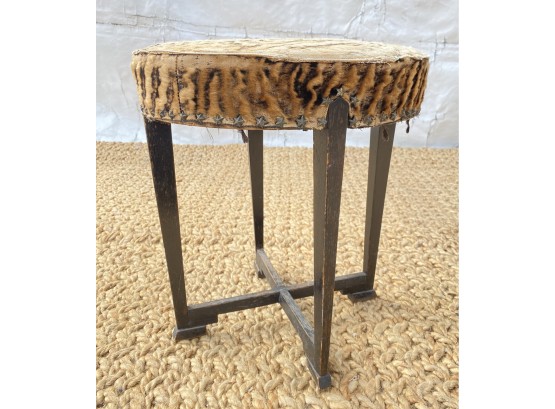 Vintage Or Antique Pony Hair In Tiger Stripe And Wood Vanity Stool With Star Nail Heads