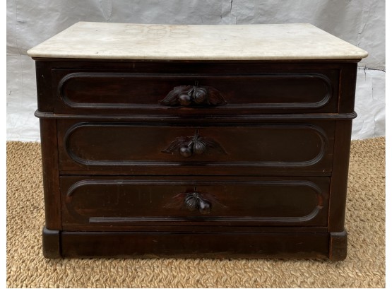 Antique White Marble Top And Wood 4 Drawer Dresser With Hand Carved Pull Handles