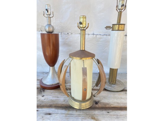 Three Mid Century Lamps - Stiffel, And Wood With Stainless Steel Or Brass