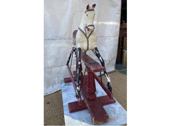 Antique Large Rocking Horse On Painted Red Wooden Base