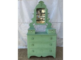 Antique Wood 5 Drawer Dresser With Tilting Mirror Painted Green Aged Copper Patina